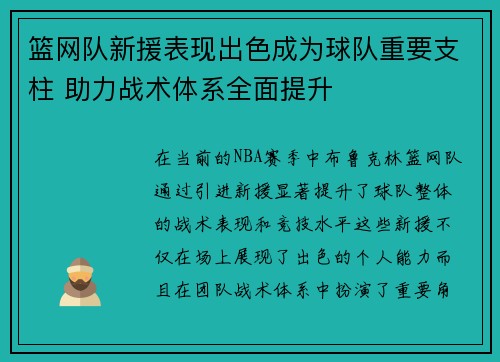 篮网队新援表现出色成为球队重要支柱 助力战术体系全面提升